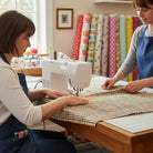Carmon's Quilt Shop sewing Figo Snowbound Carmel rustic plaid cotton fabric on a machine in a bright studio.