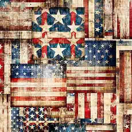 Carmon's Quilt Shop QT Fabrics 108 inch wide cotton quilting fabric featuring a rustic Americana flag patchwork design.
