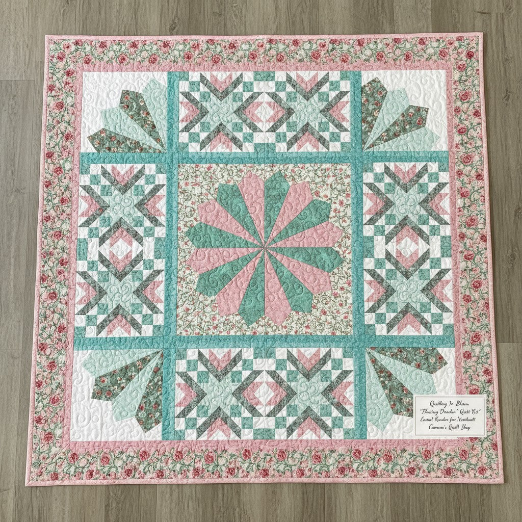 Carmon's Quilt Shop Floating Dresden quilt kit in floral pink and teal cotton fabric with intricate pieced patterns.