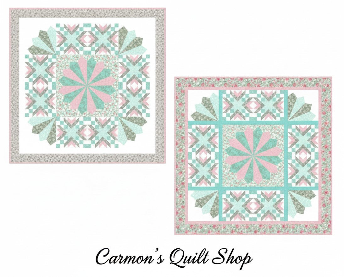 Carmon's Quilt Shop Floating Dresden quilt kit featuring floral Quilting In Bloom cotton fabric in pink and teal.