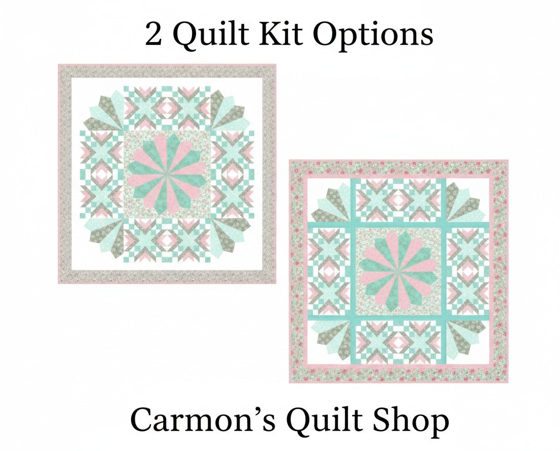 Carmon's Quilt Shop Floating Dresden quilt kit featuring floral Quilting In Bloom cotton fabrics in pink and teal.