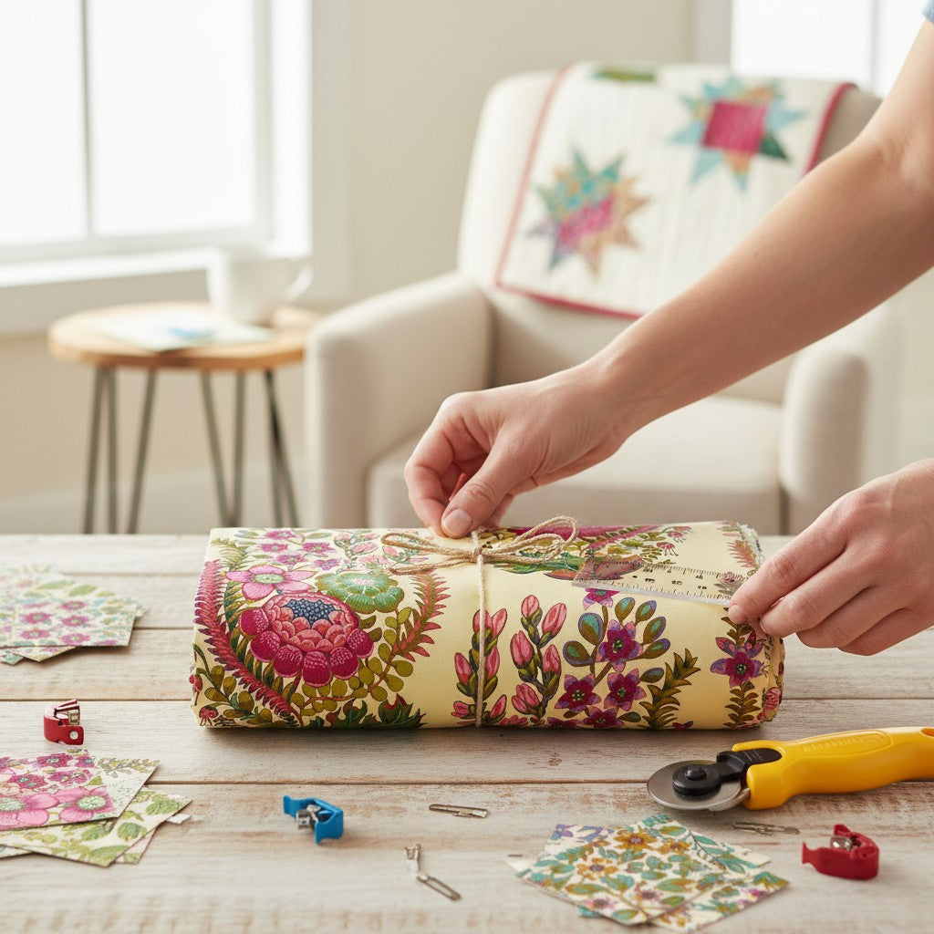 Carmon's Quilt Shop Outstretched Cream Backing 108" fabric with vibrant floral botanical print in fuchsia, pink, green, and rust on pale yellow.