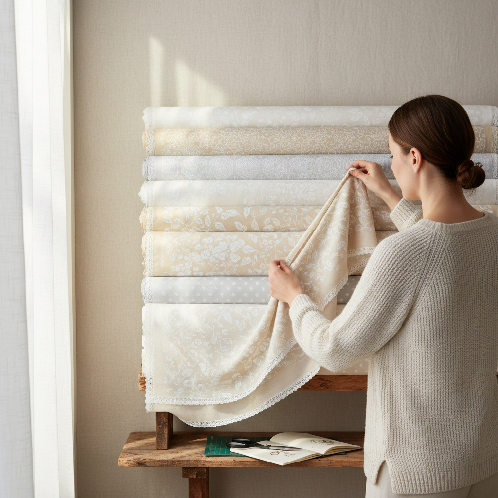 Carmon's Quilt Shop employee selecting Light As Air floral cotton fabric from a stack of rolls in a bright studio