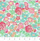 Carmon's Quilt Shop Quilting in Bloom white cotton fabric featuring large pink roses and multi-colored floral print