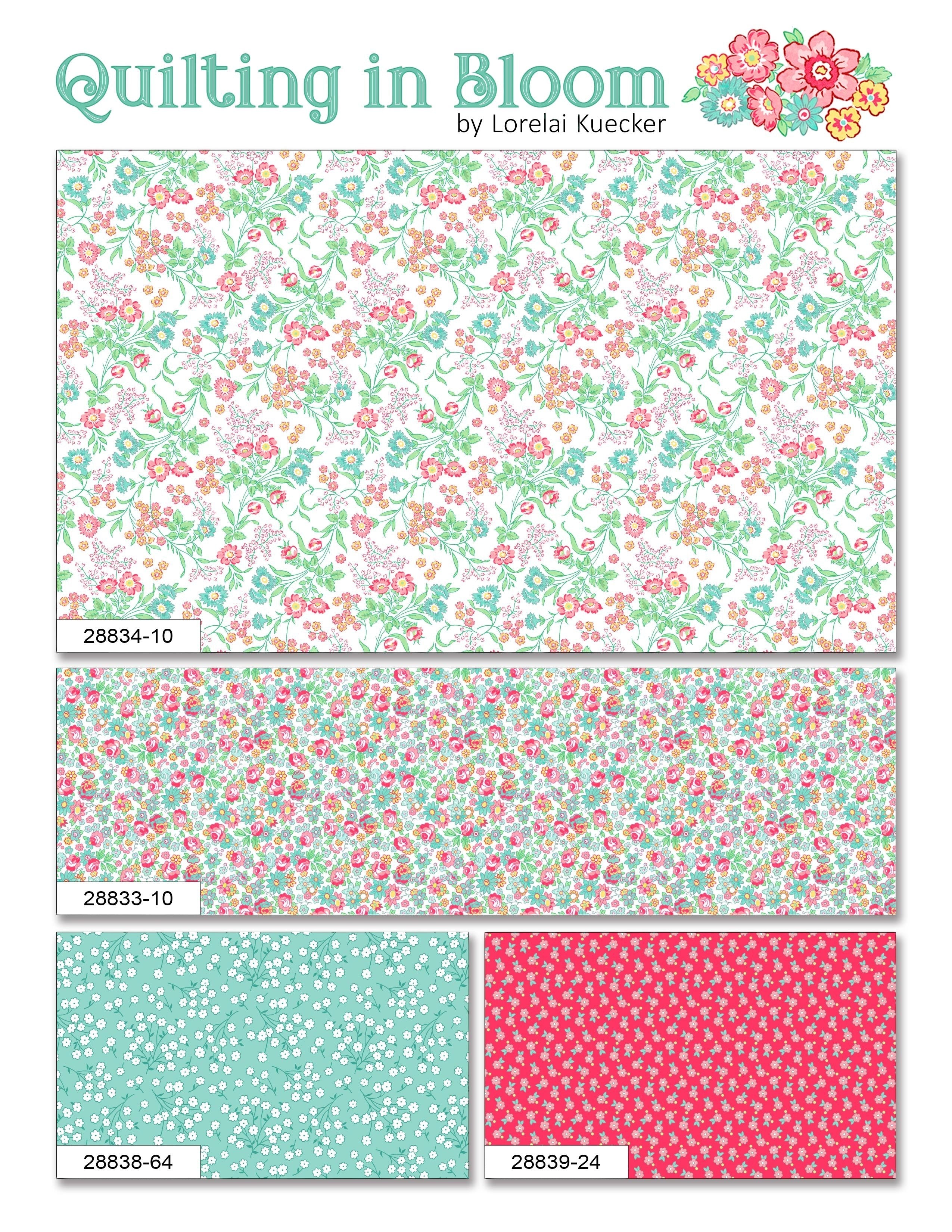 Carmon's Quilt Shop Quilting in Bloom cotton fabric collection featuring floral patterns in pink, green, and white.