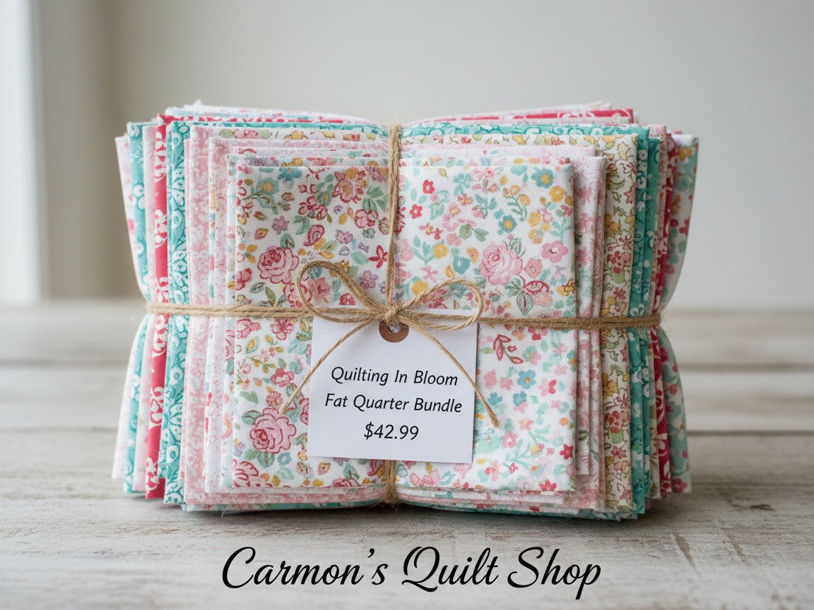 Carmon's Quilt Shop Quilting in Bloom fat quarter bundle of 13 floral cotton fabrics tied with twine
