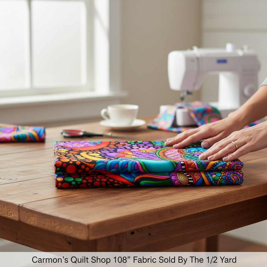 Carmon's Quilt Shop 108-inch wide cotton fabric with vibrant floral and geometric patterns on a black background.