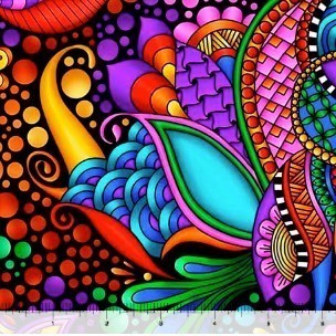 Carmon's Quilt Shop 108 inch wide cotton fabric featuring a vibrant multi-colored floral and geometric pattern.