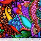 Carmon's Quilt Shop 108 inch wide cotton fabric featuring a vibrant multi-colored floral and geometric pattern.