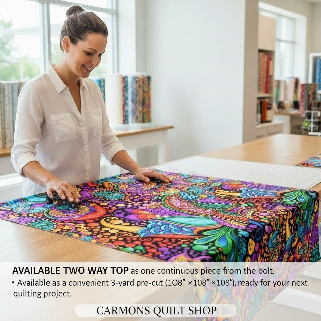 Carmon's Quilt Shop woman cutting vibrant floral geometric 108-inch wide cotton quilting fabric on a wooden table