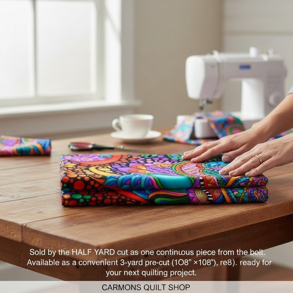 Carmon's Quilt Shop 108 inch wide cotton fabric with vibrant floral and geometric patterns on a black background