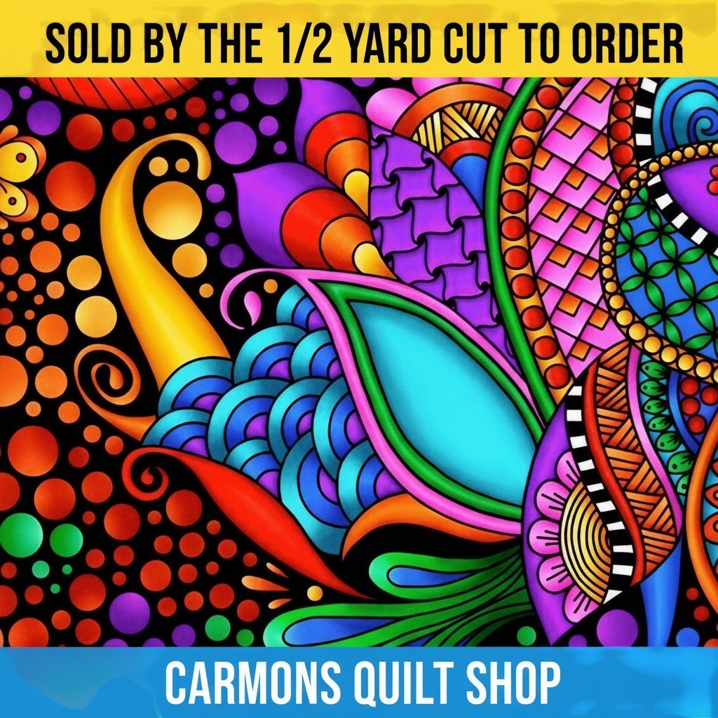 Carmon's Quilt Shop 108 inch wide cotton fabric featuring a vibrant multi-colored floral and geometric pattern.