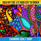 Carmon's Quilt Shop 108 inch wide cotton fabric featuring a vibrant multi-colored floral and geometric pattern.