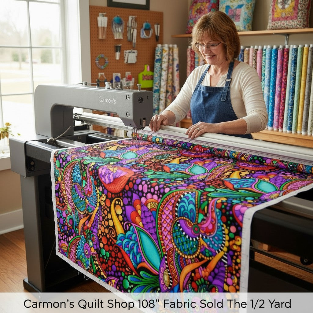 Carmon's Quilt Shop woman using a longarm machine to quilt vibrant multi-colored floral geometric cotton fabric