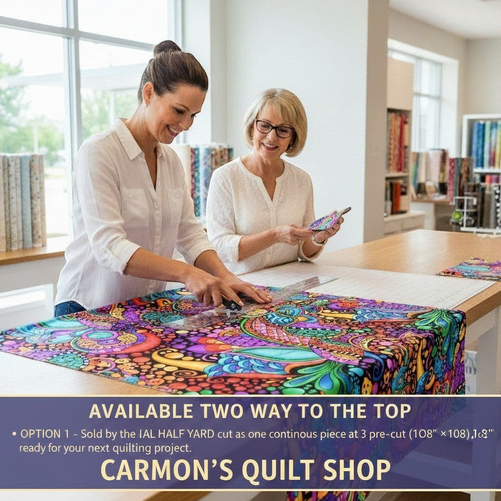 Carmon's Quilt Shop Carnivale floral geometric 108-inch wide cotton fabric being cut by two women in a studio.