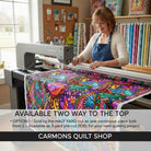 Carmon's Quilt Shop wide floral geometric cotton fabric with vibrant multi-colored patterns on a longarm quilting machine