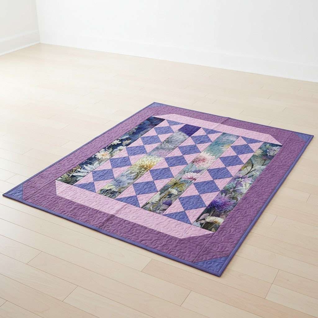 Carmon's Quilt Shop Lovely Flowers quilt featuring floral panels and purple lavender diamond shapes on a wood floor