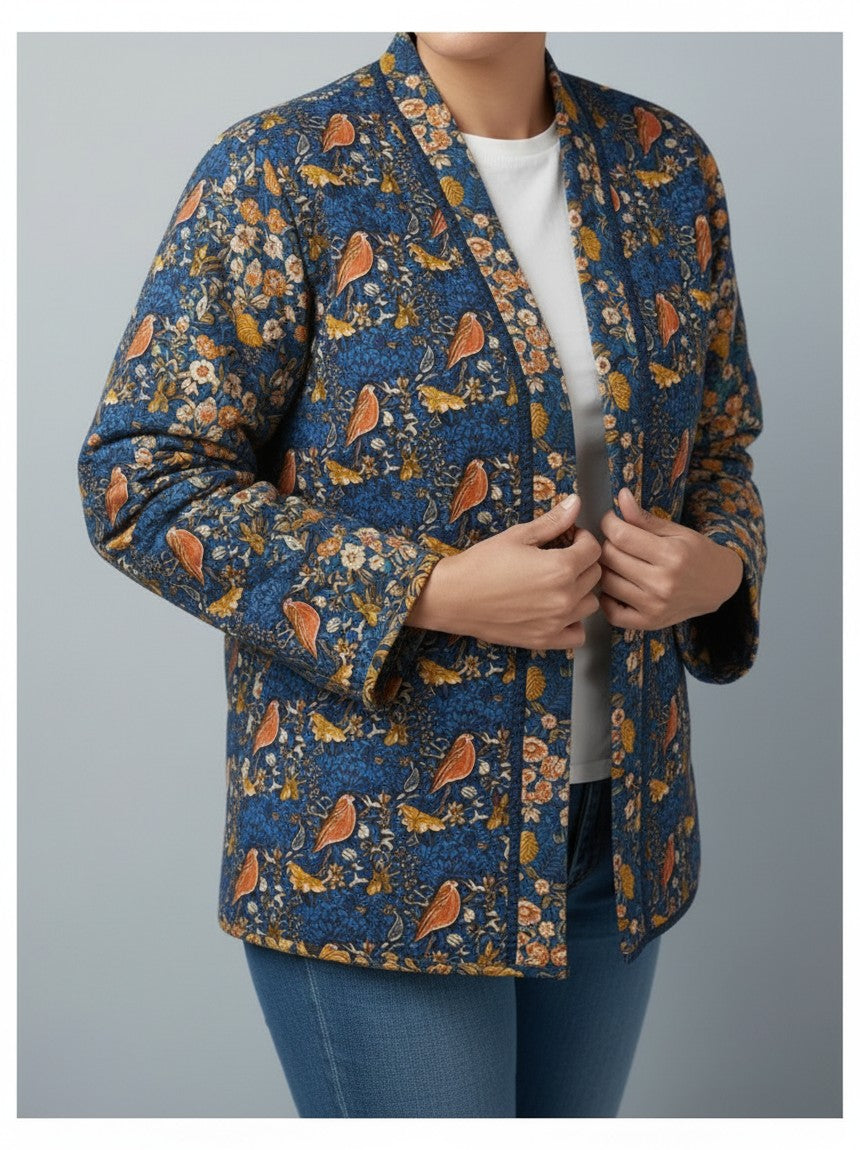 Carmon's Quilt Shop quilted patchwork jacket with blue floral and bird print worn by a person over a white shirt