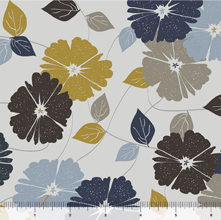 Carmon's Quilt Shop Modern Refinement floral vine 108-inch wide cotton backing fabric in light gray with navy and gold