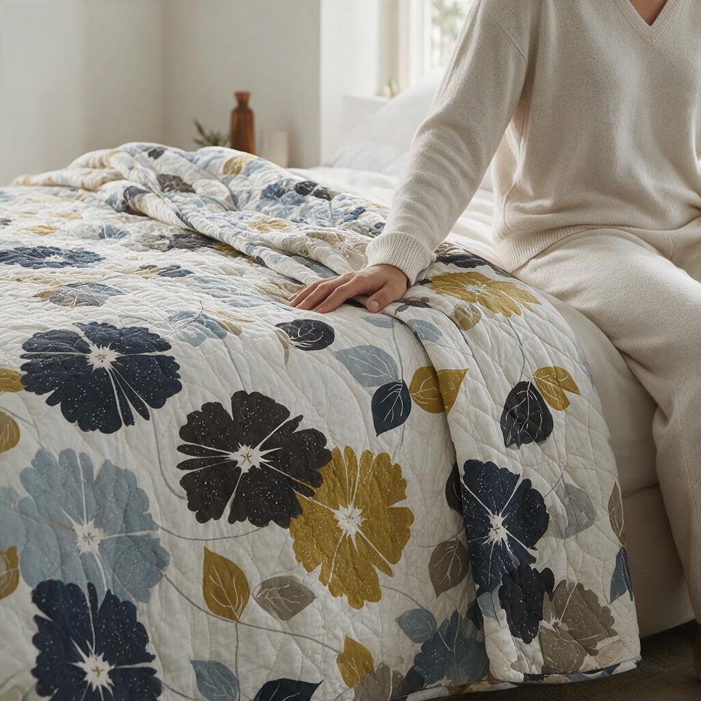 Carmon's Quilt Shop light gray floral vine cotton quilt backing draped over a bed with a person sitting nearby