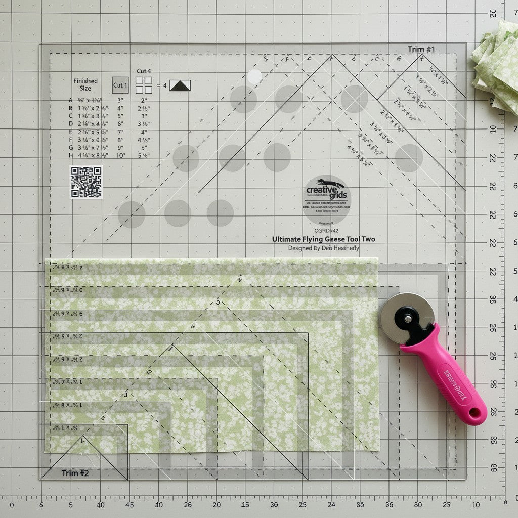 Carmon's Quilt Shop Creative Grids Ultimate Flying Geese Tool Two, a 9.5" x 9.5" acrylic quilting ruler with markings for multiple sizes.