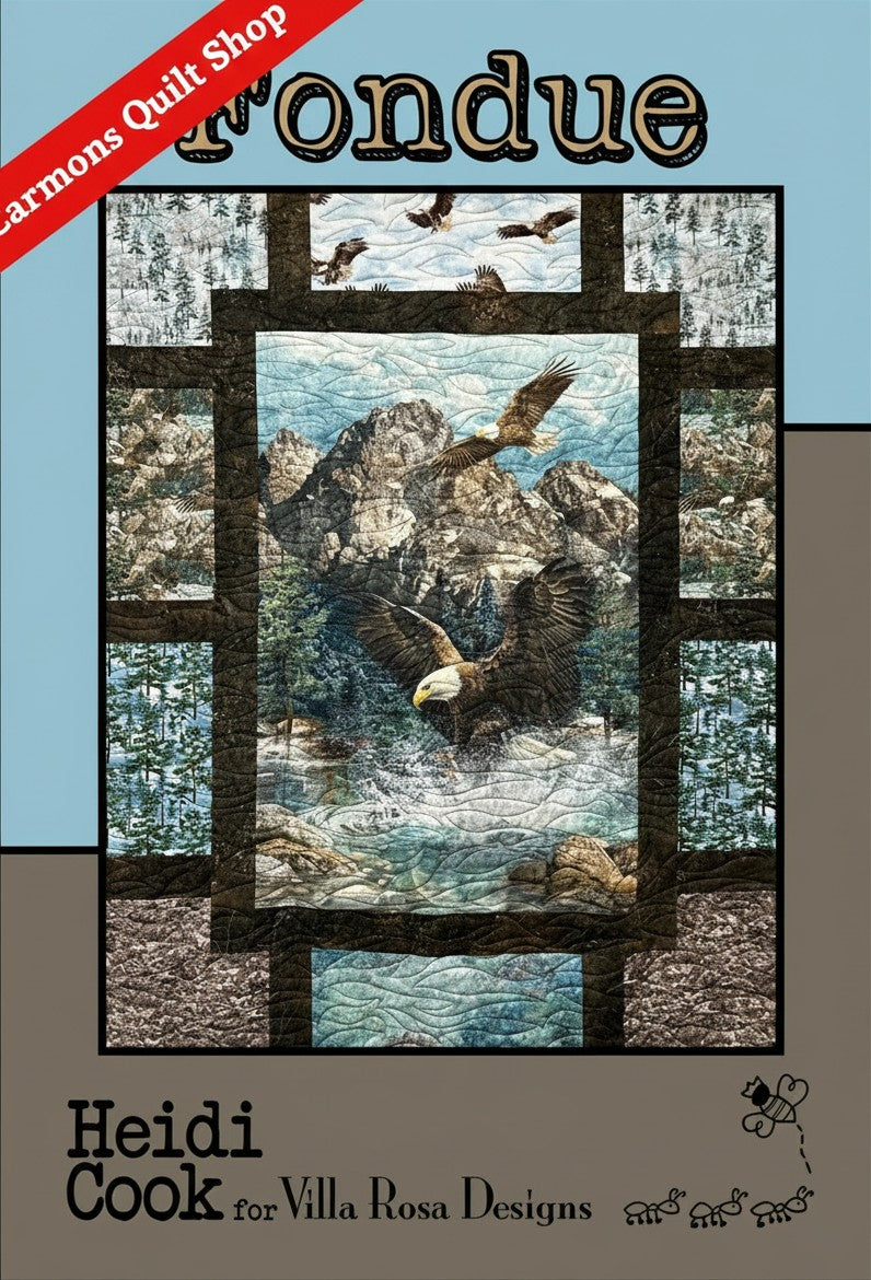 Carmon's Quilt Shop Fondue quilt pattern featuring a scenic eagle and mountain landscape design for beginners.