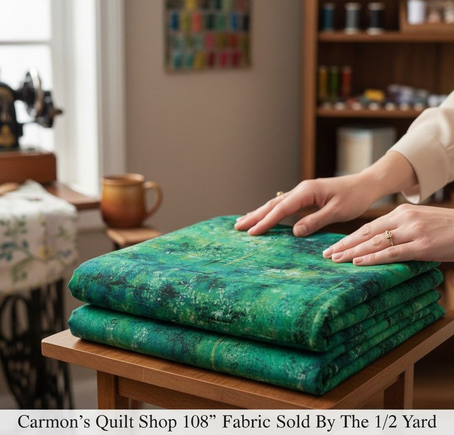 Carmon's Quilt Shop QT Fabrics mottled forest green 108-inch wide cotton quilting fabric folded on a wooden table