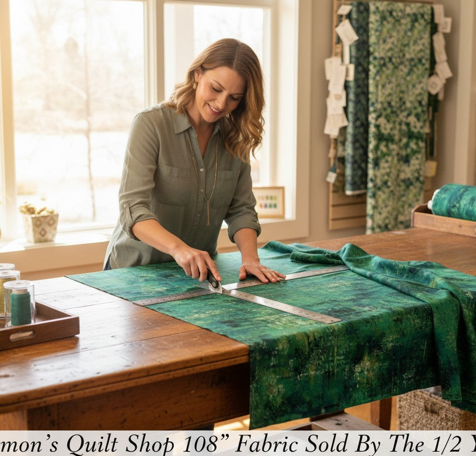 Carmon's Quilt Shop woman cutting forest green mottled blender 108-inch wide quilting cotton fabric on a wooden table.