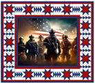 Carmon's Quilt Shop Freedom Forces cotton fabric panel featuring soldiers and an American flag with a star border.