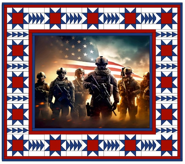 Carmon's Quilt Shop Freedom Forces cotton fabric panel featuring soldiers and an American flag with a star border.