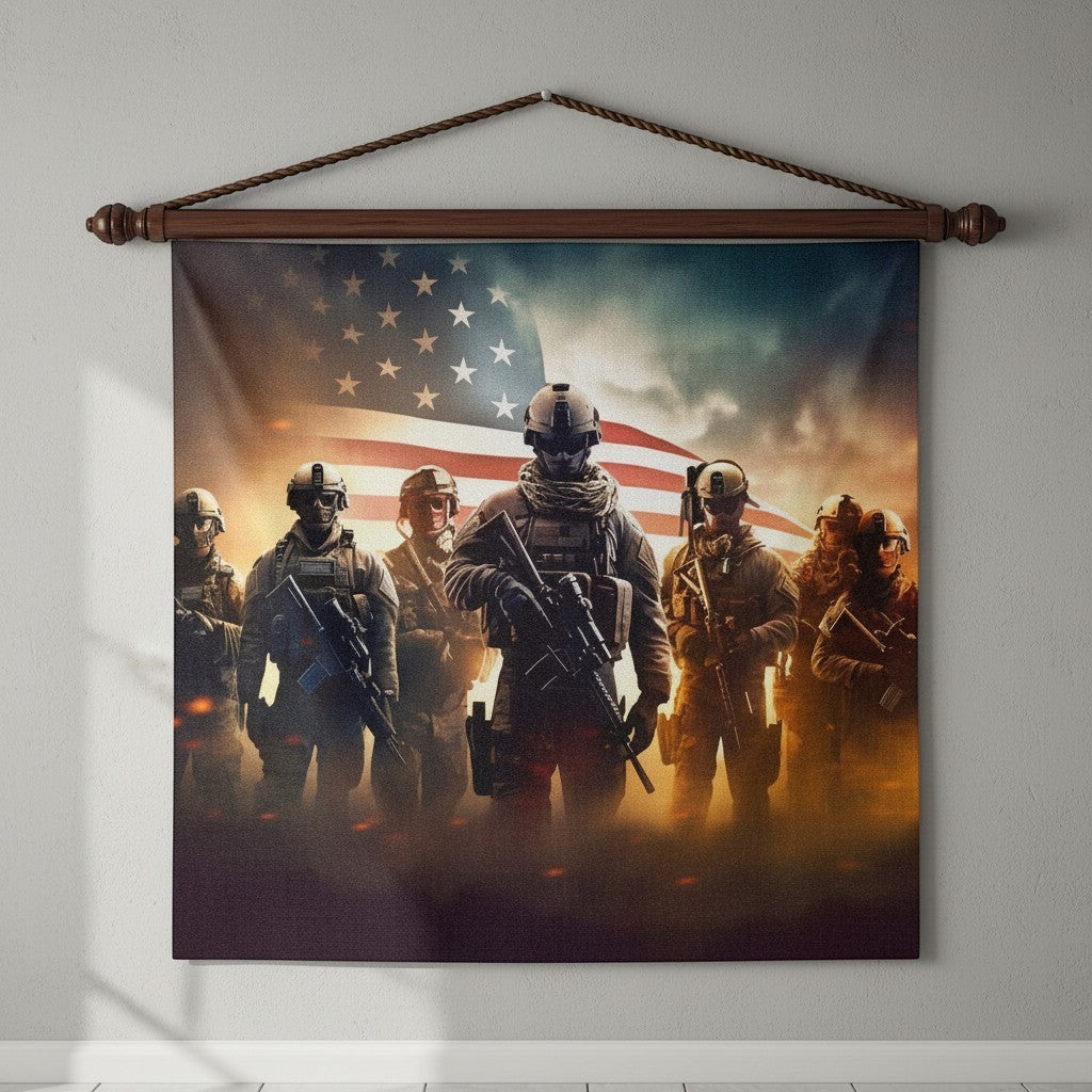 Carmon's Quilt Shop Freedom Forces cotton fabric panel featuring soldiers and an American flag for patriotic quilting.