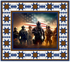 Carmon's Quilt Shop Freedom Forces cotton fabric panel featuring soldiers and an American flag with a star border.