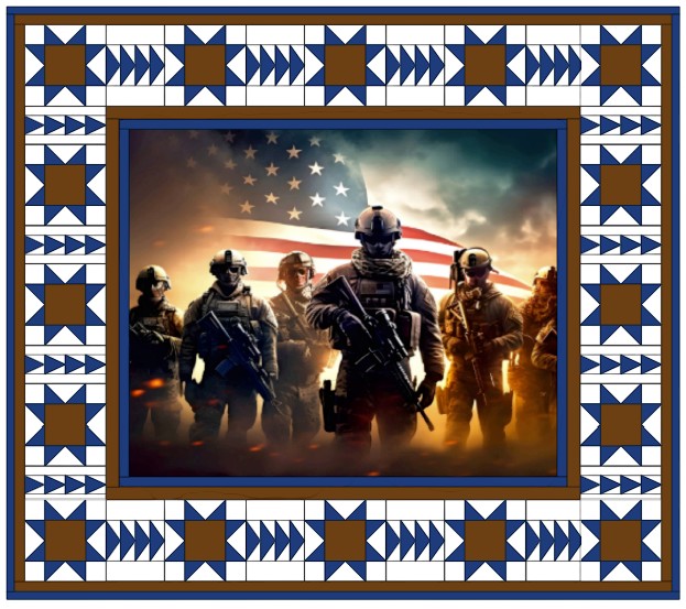 Carmon's Quilt Shop Freedom Forces cotton fabric panel featuring soldiers and an American flag with a star border.
