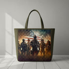 Carmon's Quilt Shop tote bag featuring a Freedom Forces military squad print with an American flag on quilted cotton.
