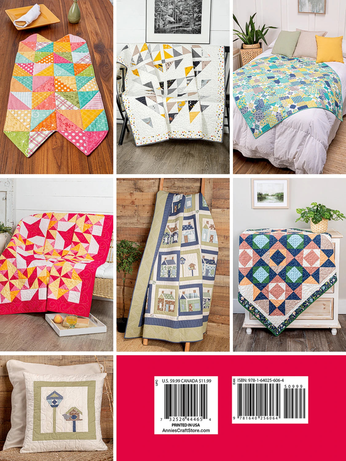 Carmon's Quilt Shop Fun With Squares pattern book featuring colorful geometric quilt and home decor project photos.