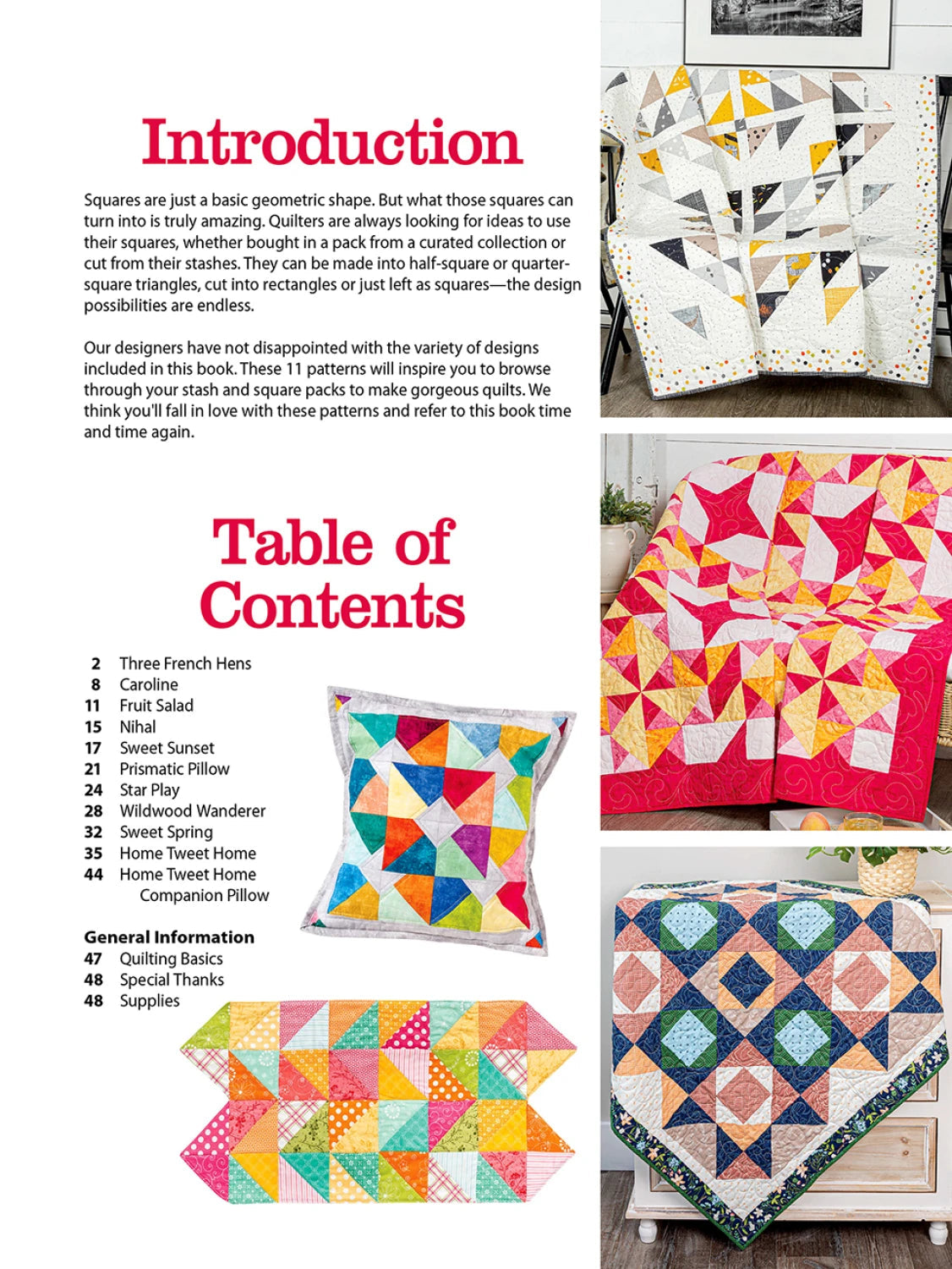Carmon's Quilt Shop Fun With Squares pattern book showing colorful geometric quilt designs and table runners