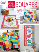 Carmon's Quilt Shop Fun With Squares pattern book featuring colorful geometric quilt, table runner, and pillow designs.