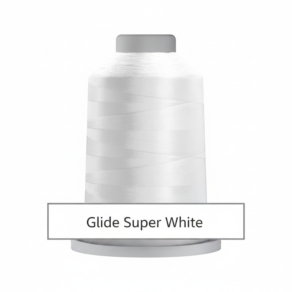 Carmon's Quilt Shop Glide 40wt super white trilobal polyester thread on a 5,500-yard king spool for quilting.