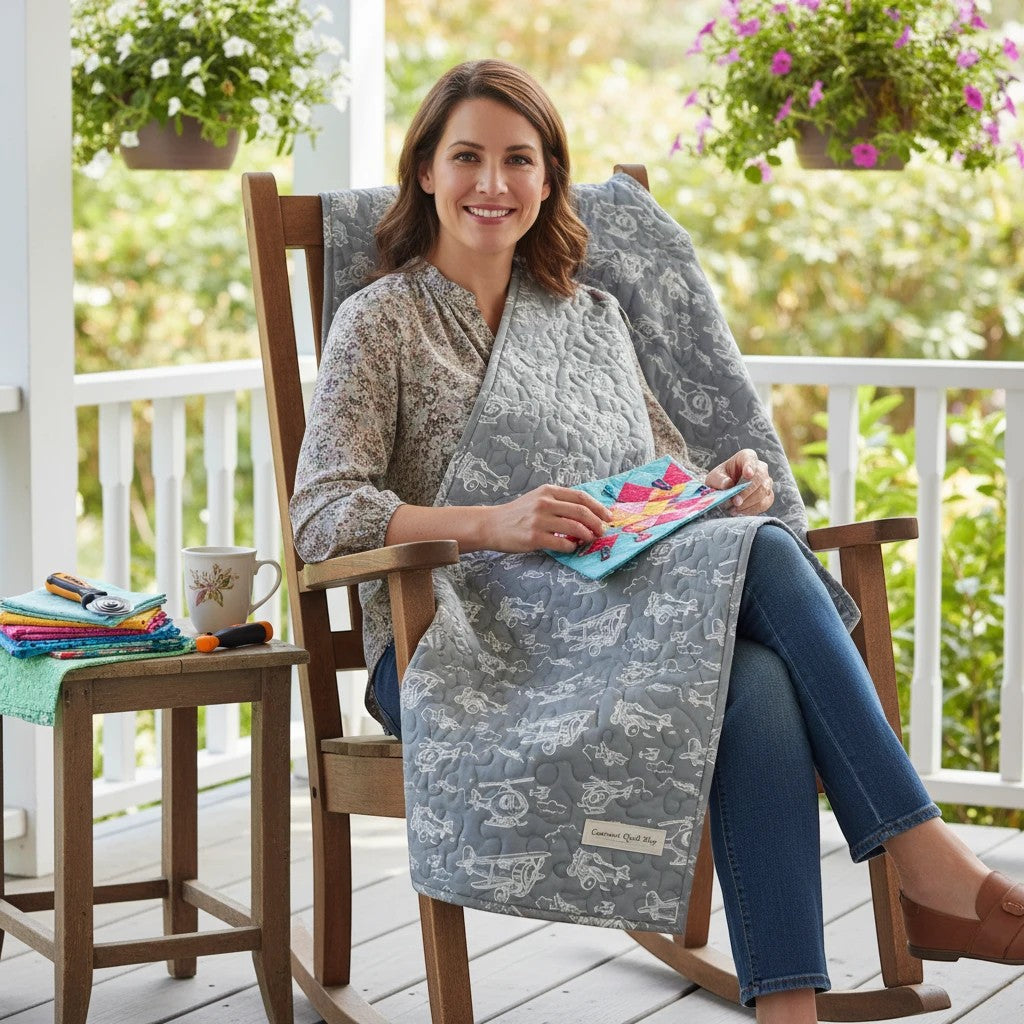Carmon's Quilt Shop gray 100% cotton fabric with a repeating pattern of airplanes, helicopters, and hot air balloons. A woman sits in a rocking chair holding a small quilt.