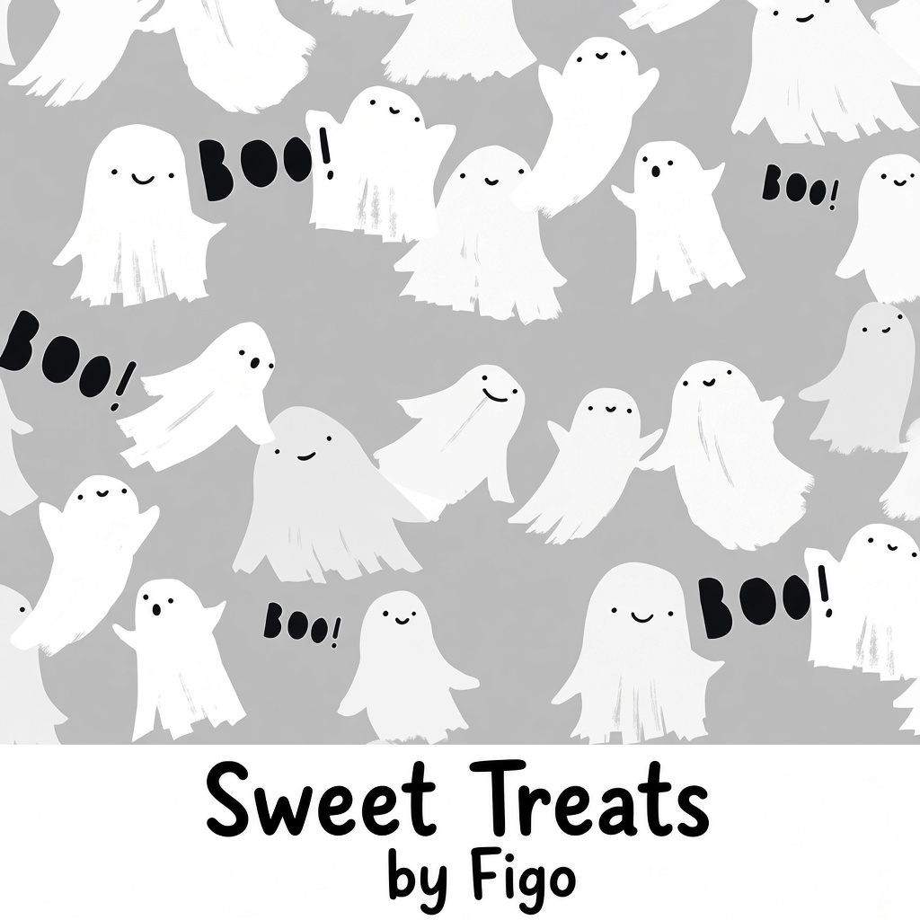 Carmon's Quilt Shop FIGO Fabrics gray cotton quilting fabric featuring a playful white ghost and Boo print pattern