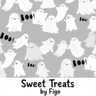 Carmon's Quilt Shop FIGO Fabrics gray cotton quilting fabric featuring a playful white ghost and Boo print pattern