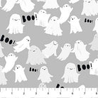 Carmon's Quilt Shop FIGO Fabrics gray cotton quilting fabric featuring cute white ghosts and BOO text for Halloween.