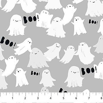 Carmon's Quilt Shop FIGO Fabrics gray cotton quilting fabric featuring cute white ghosts and BOO text for Halloween.