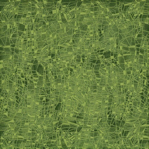 Carmon's Quilt Shop Dragonfly Wonder green cotton fabric with an intricate abstract dragonfly wing pattern