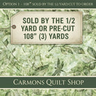 Carmon's Quilt Shop green botanical 108-inch wide cotton quilt backing fabric with leaf and dragonfly motifs.