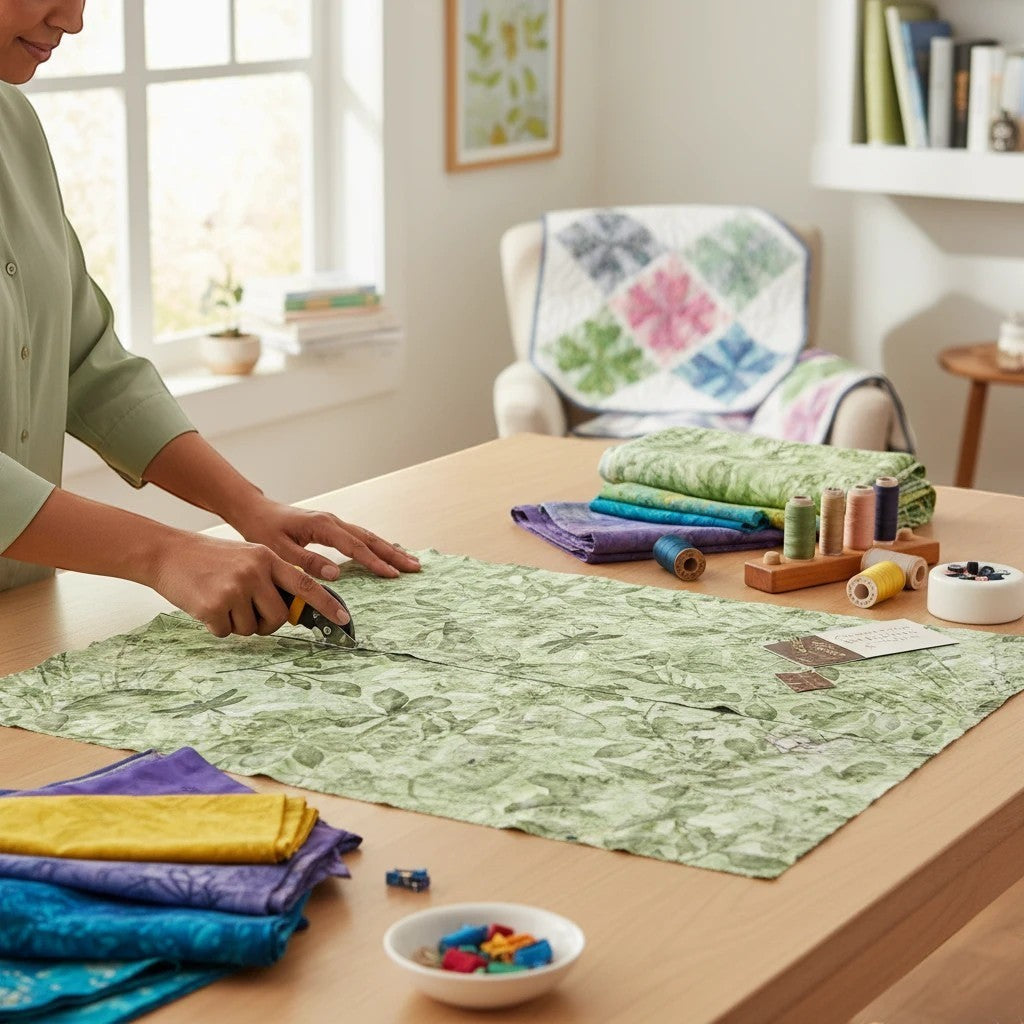 Carmon's Quilt Shop QT Fabrics Got Your Back green leaf print 108-inch wide cotton quilting fabric being cut on a table