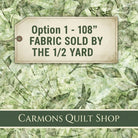 Carmon's Quilt Shop green botanical 108 inch wide cotton backing fabric with dragonfly and leaf print