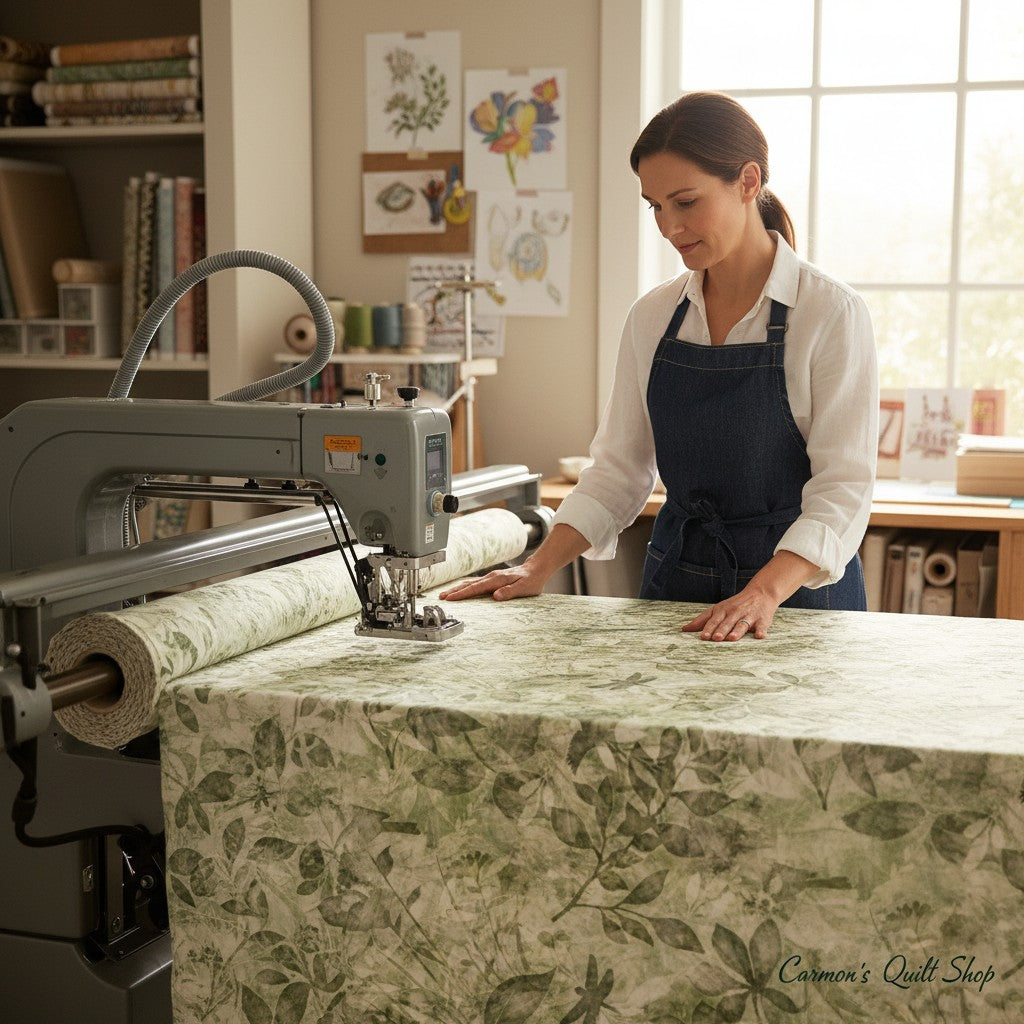 Carmon's Quilt Shop woman using a longarm machine to quilt green botanical leaf print 108-inch wide cotton fabric