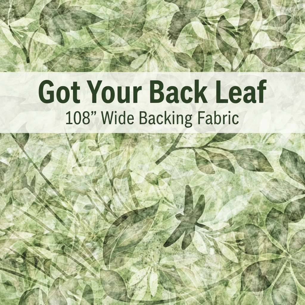 Carmon's Quilt Shop Got Your Back Leaf 108 inch wide green cotton fabric with botanical and dragonfly motifs