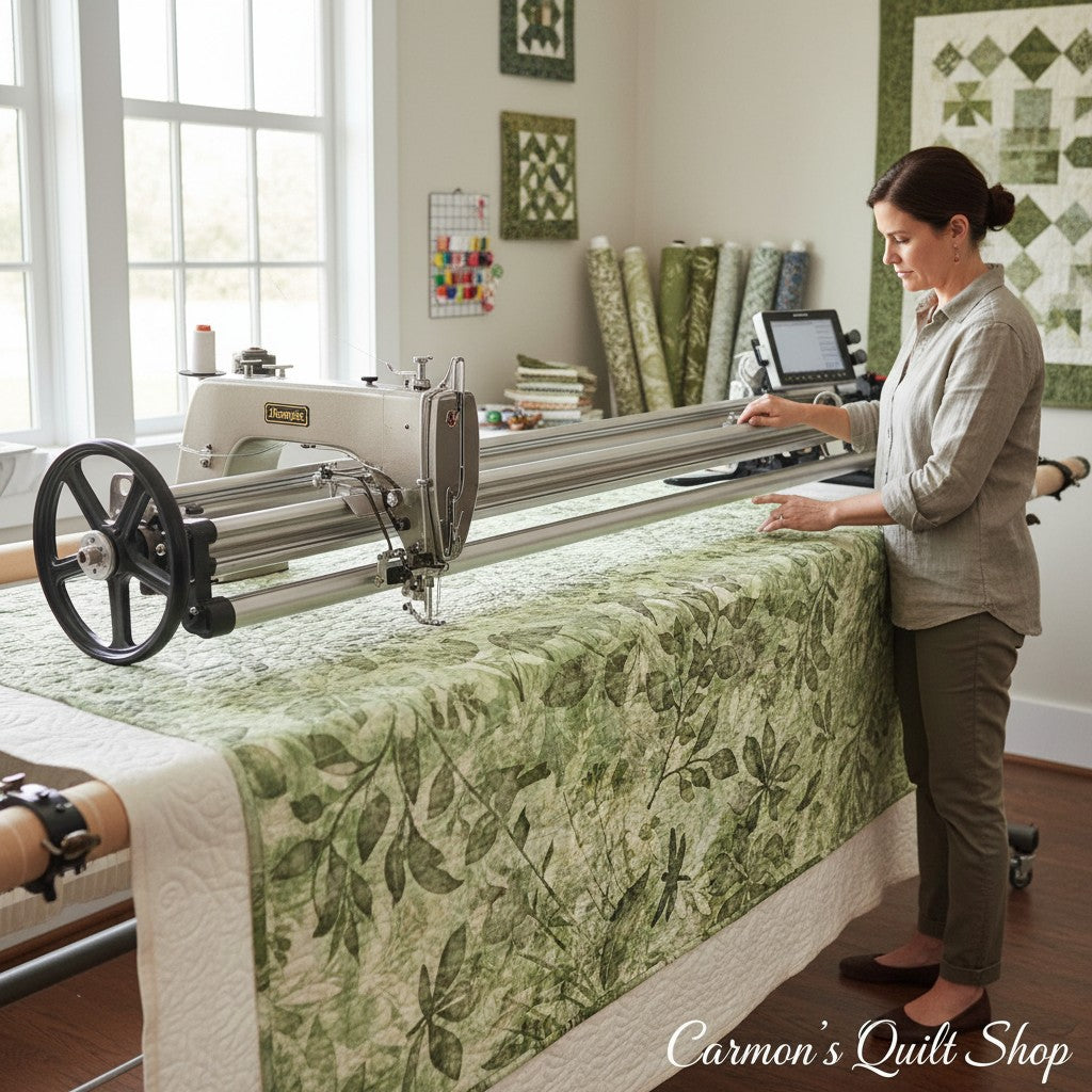 Carmon's Quilt Shop customer using a longarm machine to quilt green botanical leaf print 108-inch wide cotton fabric.